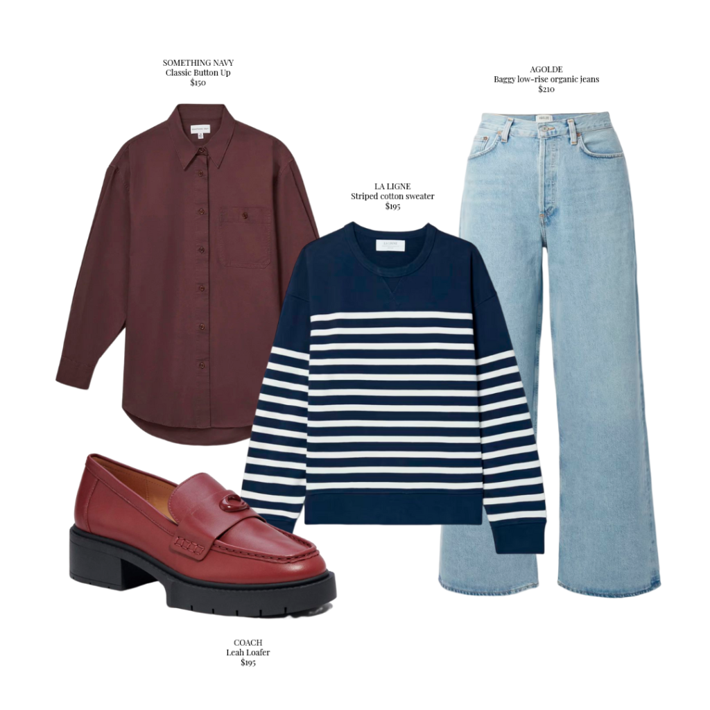 Destacamos algunas tendencias. La camisa de Something Navy tiene un ajuste extragrande con una sutil y un toque personalizado en el deseño. El suéter de Ligne tiene un ajuste holgado y la suavidad del algodón. Los jeans de AGOLDE poseen un diseño holgado y además están confeccionados con denim orgánico sutilmente desgastado. Por último los mocasines Leah de Coach llevan un estilo atemporal, se encuentran confeccionados en cuero y cuentan con herrajes Signature de la marca.