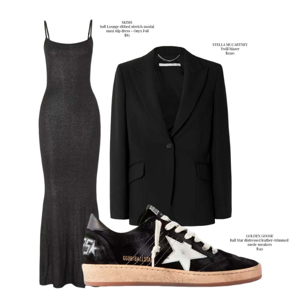 Destacamos algunas tendencias. El vestido minimalista de SKIMS tiene un estilo que abraza el cuerpo, tiene posee un escote cuadrado y tirantes ajustables. El blazer de Stella McCartney tiene un diseño nítido y sofisticado, por lo tanto es un clásico del guardarropa, las opciones de estilo son infinitas. Por último los tenis de Golden Goose con su icónico estilo.