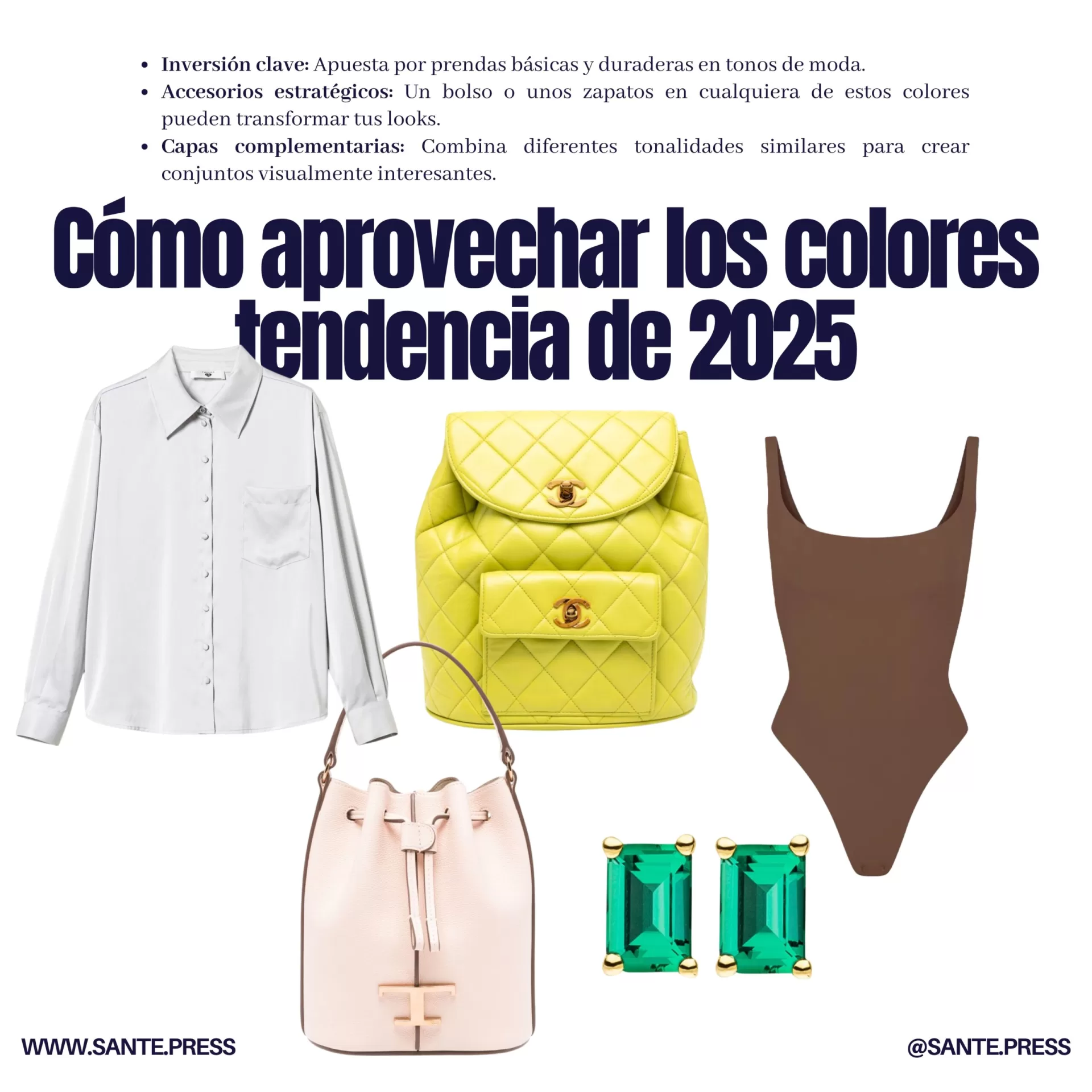 Español: Composición de prendas en colores tendencia 2025, incluyendo camisa blanca, mochila amarilla, bolso beige, body marrón y aretes verde esmeralda. Inglés: Composition of garments in 2025 trending colors, featuring a white shirt, yellow backpack, beige bag, brown bodysuit, and emerald green earrings. Colores tendencia de 2025. Trend colors of 2025.