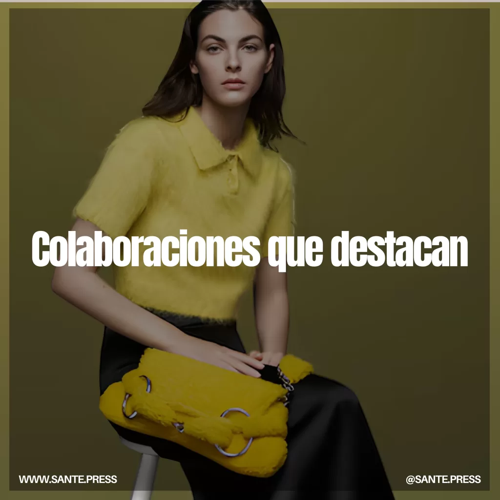 Mujer sentada en un taburete, vistiendo una camisa y un suéter amarillos, reflejando tendencias de moda primavera-verano 2025