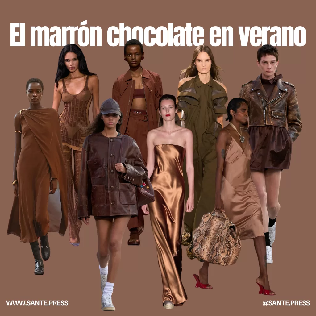 Modelos luciendo vestidos marrones y zapatos marrones, mostrando elegancia y estilo en un entorno sofisticado