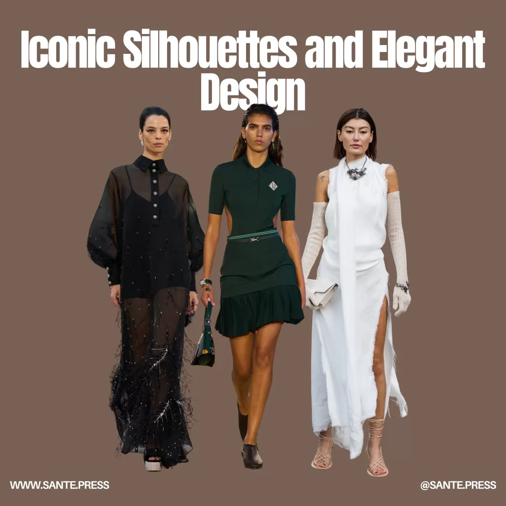 Three women in elegant dresses and heels confidently showcase vintage-inspired fashion on the runway.