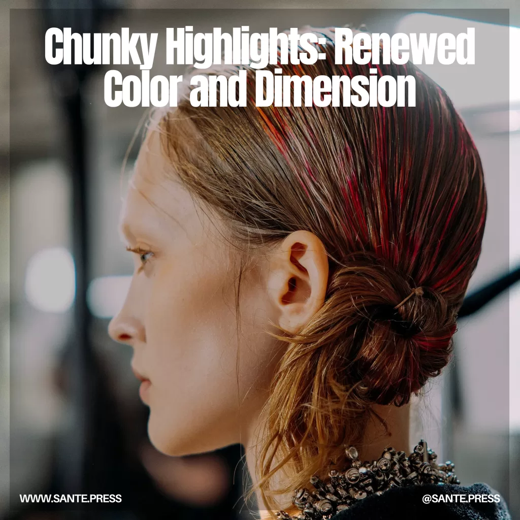 A modern take on the classic side bun featuring chunky highlights in vibrant and natural tones for a fresh, bold look.