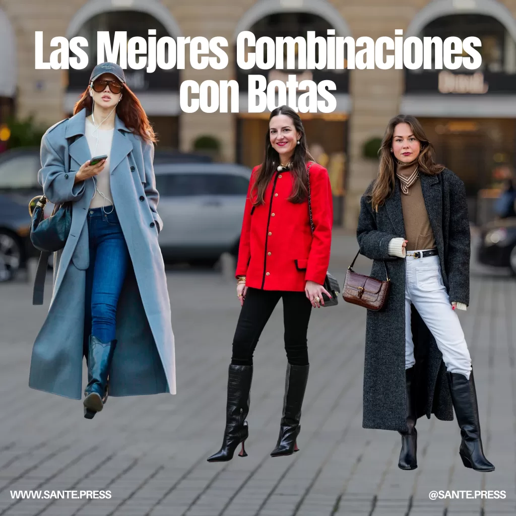 Tres mujeres con abrigos y botas caminan por la calle, luciendo estilos modernos y sofisticados en su atuendo.