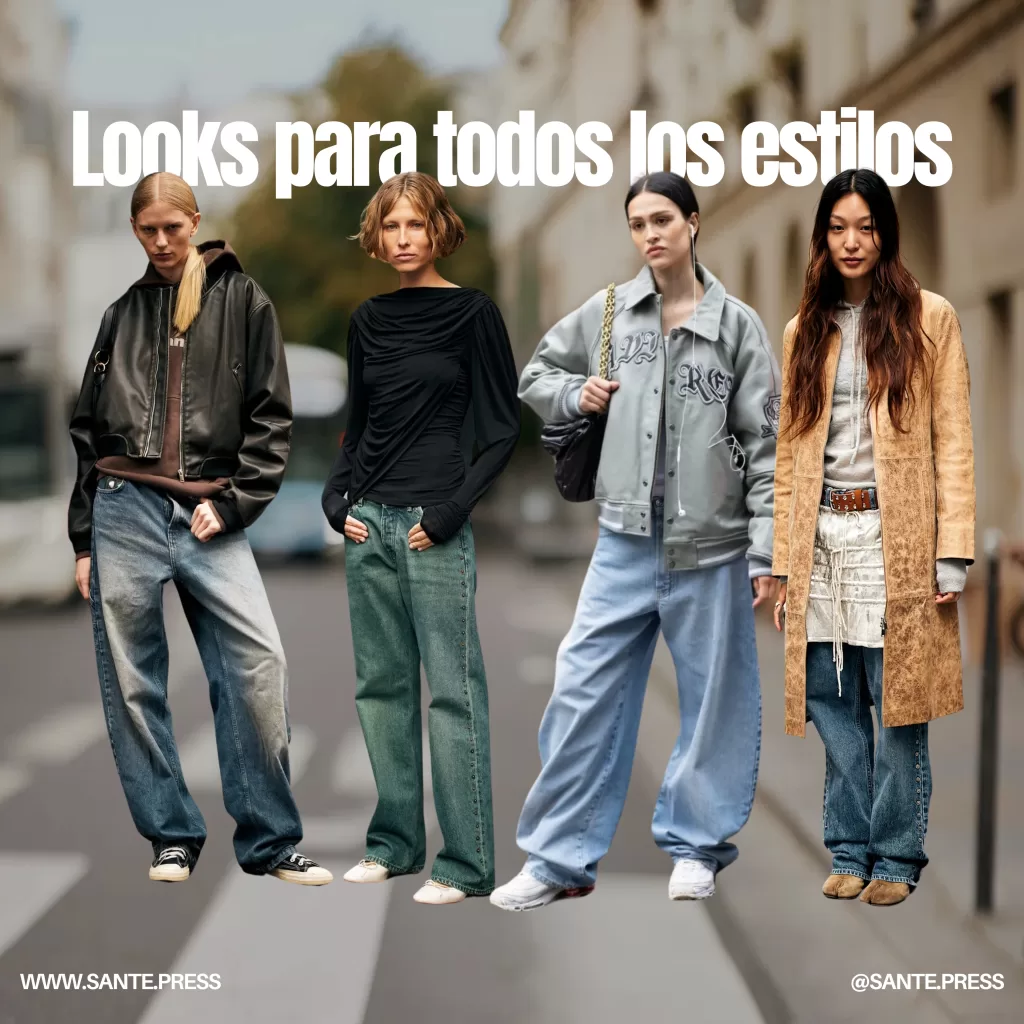 Imagen que muestra diferentes estilos de moda: blusas slouchy, baggy jeans y sneakers para un look casual y moderno.