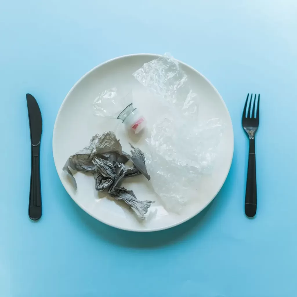 Cubierto y tenedor con plato en el centro, en el plato se pueden apreciar bolsas y botellas plásticas