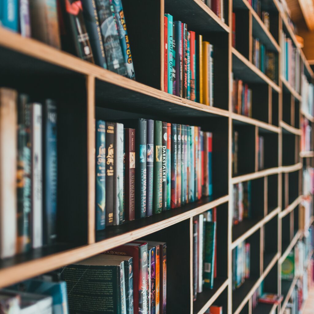 Librería con estanterías llenas de libros organizados, resaltando una atmósfera intelectual y de descubrimiento literario. Recomendaciones literarias de McKinsey. Bookshelf filled with organized books, highlighting an intellectual atmosphere and literary discovery. McKinsey Literary Recommendations.