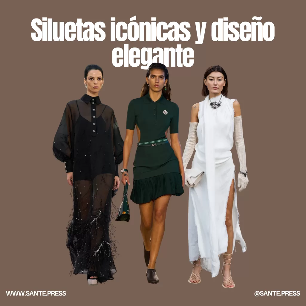 Tres mujeres desfilan en la pasarela, luciendo vestidos vintage 2025 con cortes fluidos y elegantes tacones.