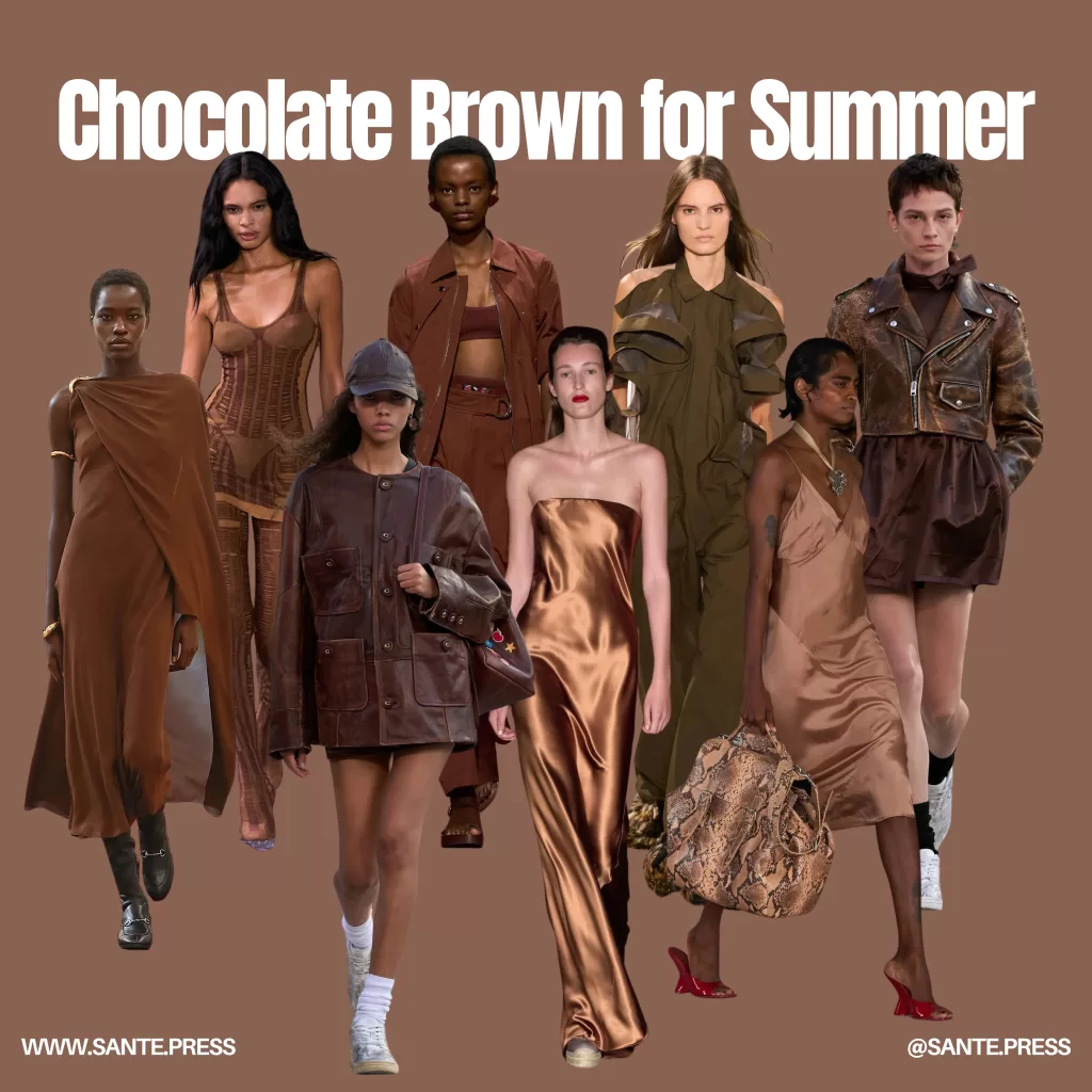 Models showcase elegant brown dresses paired with matching brown shoes, highlighting a cohesive and stylish ensemble