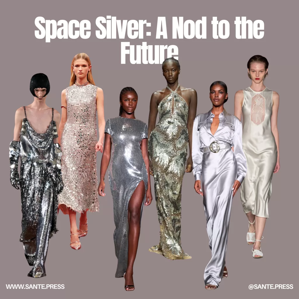 Models in silver dresses showcase the phrase "plateado especial un guio al futuro" in a stylish presentation