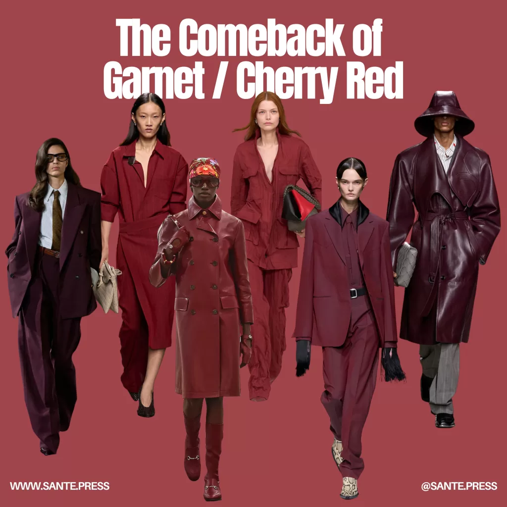 A vibrant red-themed display from the fall/winter 2020 fashion show, showcasing bold designs and striking styles