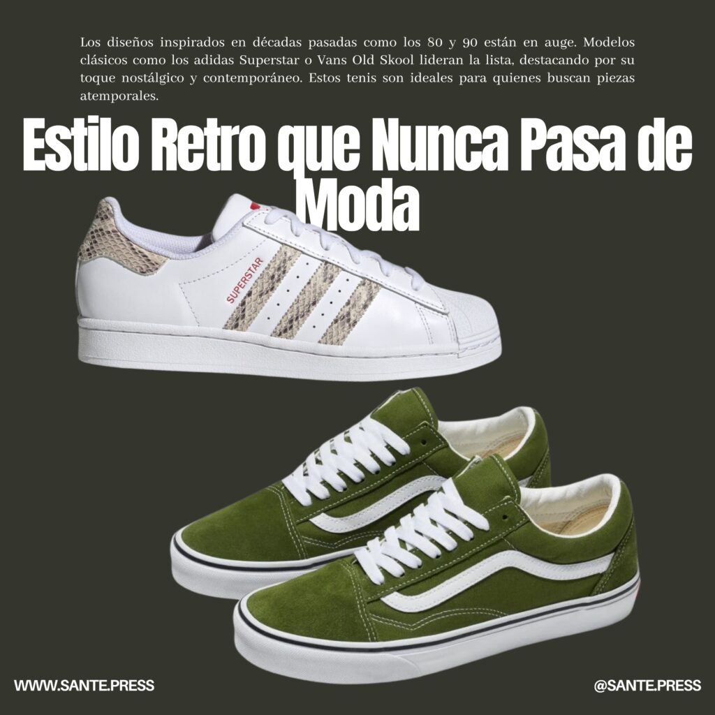 Un par de zapatillas con la frase "estilo retro nunca pasa de moda" en un diseño atractivo y contemporáneo. A pair of retro-style sneakers featuring the phrase "estilo retro nunc pas de moda" prominently displayed on them. Tenis tendencia 2025. Trendy sneakers 2025.