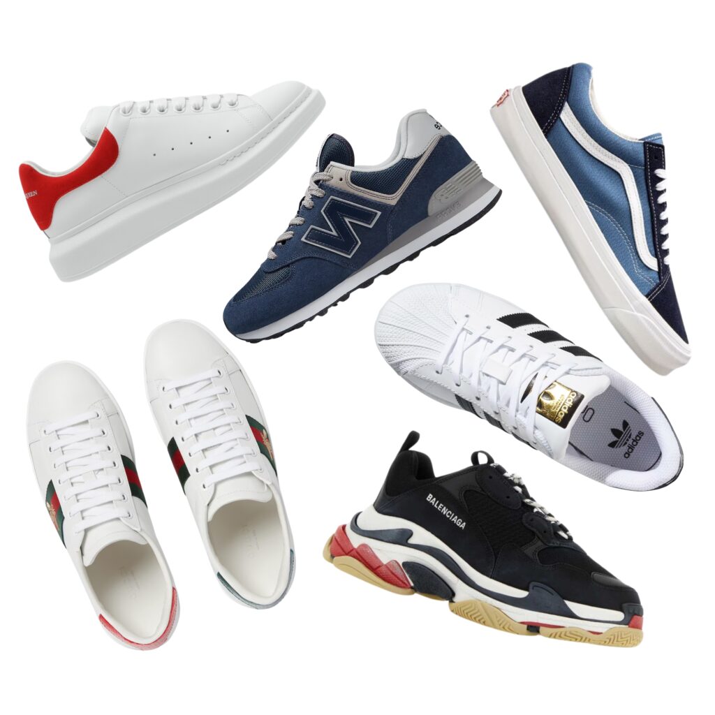 Colección de zapatillas deportivas en diversos colores y diseños, exhibiendo variedad y estilo en cada par. A diverse array of sneakers showcasing various colors and unique designs arranged together in a visually appealing manner. Tenis tendencia 2025. Trendy sneakers 2025.