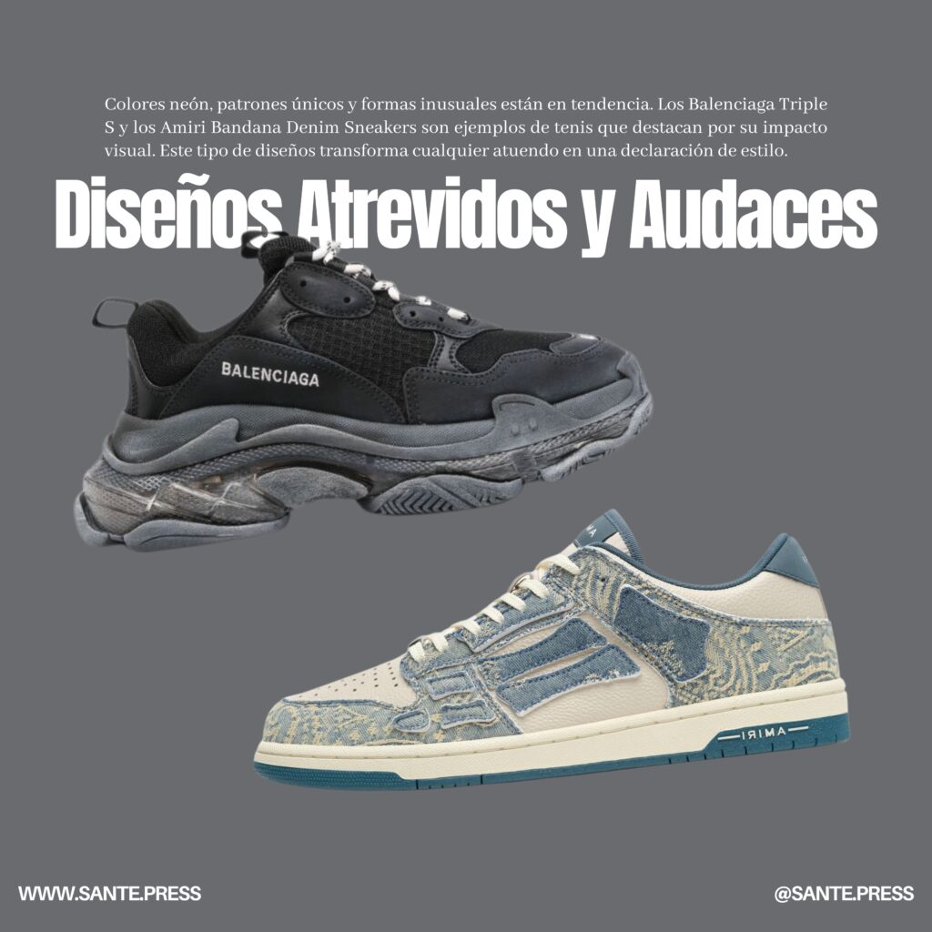 Zapatillas Balenciaga Triple S en un fondo neutro, destacando su diseño robusto y moderno. A pair of Balenciaga Triple S sneakers showcasing a chunky design with a mix of colors and textures. Tenis tendencia 2025. Trendy sneakers 2025.