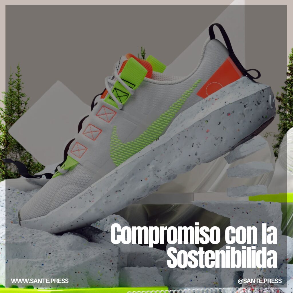 Un par de zapatillas con la frase "comprimido en la sostenibilidad" destacando su compromiso ambiental. A pair of sneakers featuring the phrase "comprimido en la sostenibilidad" prominently displayed on the side. Tenis tendencia 2025. Trendy sneakers 2025.