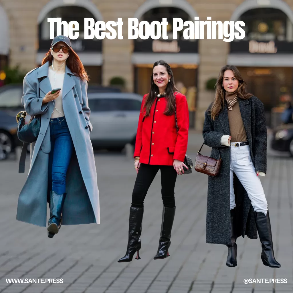 Tres mujeres vestidas con abrigos y botas pasean por la calle, reflejando un estilo contemporáneo y urbano en su aparien