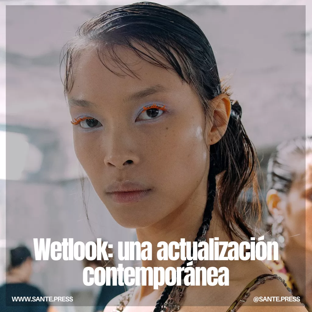 Peinado wetlook moderno y atrevido, ideal para eventos elegantes, con acabado brillante y flexible que resalta cualquier longitud de cabello.