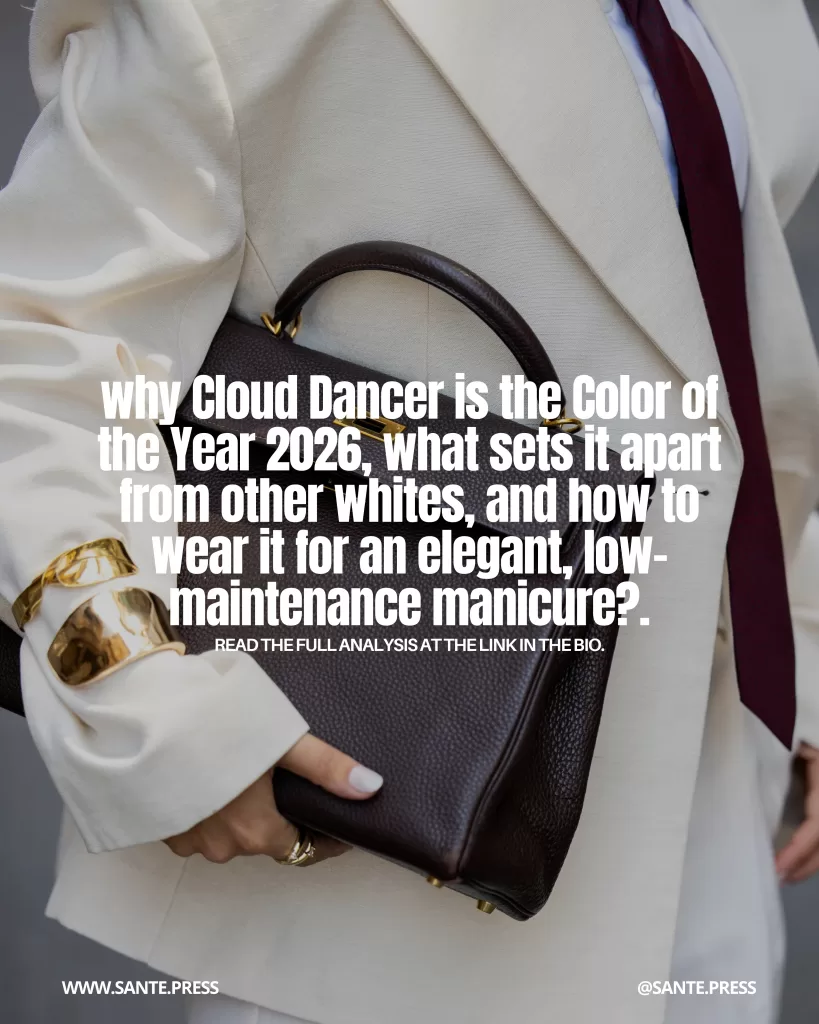 Person wearing a cream suit holding a structured dark bag, with soft white nails; text asks why Cloud Dancer is the Color of the Year 2026 and how to wear it elegantly.