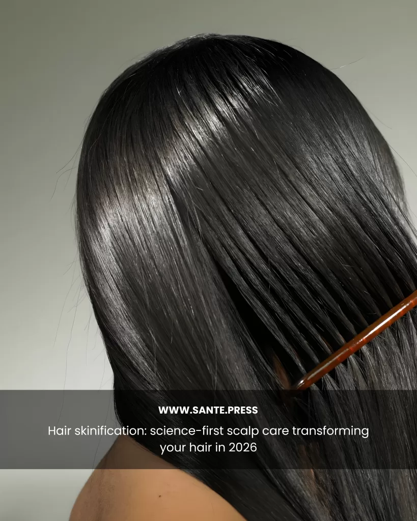 Close-up of sleek, shiny black hair being combed with a fine-tooth comb, highlighting sealed cuticles, mirror-like shine, and hair health from the root, concept of scalp care and advanced haircare.