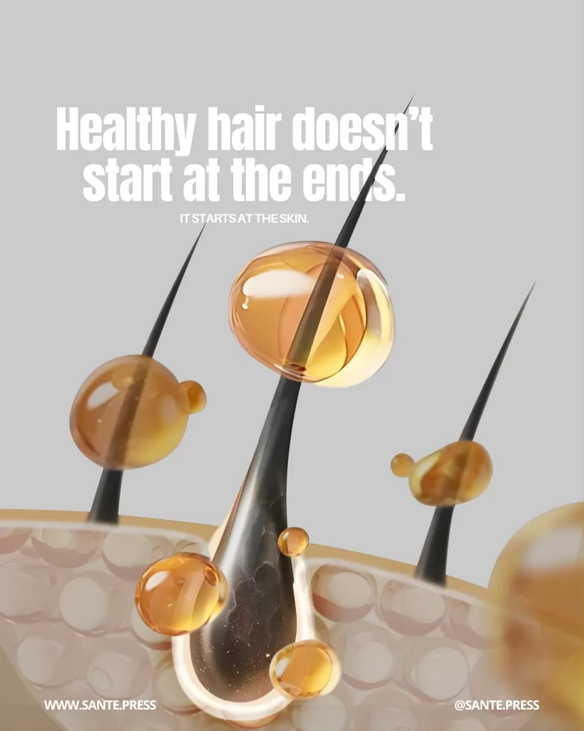 3D illustration of hair follicles with golden serum droplets penetrating the scalp, scientific representation of scalp-first treatments, hair nutrition, and hair skinification.