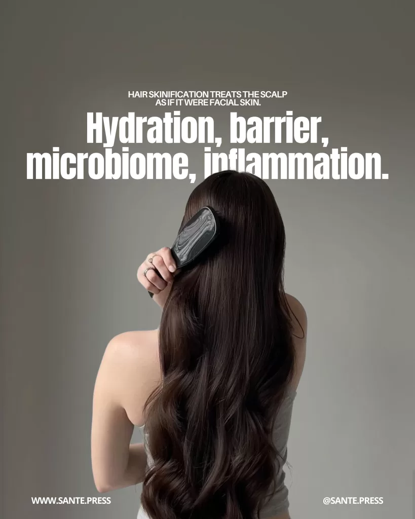 Woman seen from behind brushing long dark-brown hair, dense and healthy strands with soft waves, symbolizing a haircare routine, root strengthening, and natural shine.