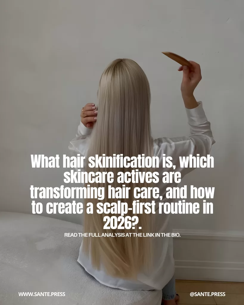Woman with long, straight blonde hair seen from behind holding a comb, showing length, softness, and color uniformity, concept of a scalp-first routine and hair transformation for 2026.