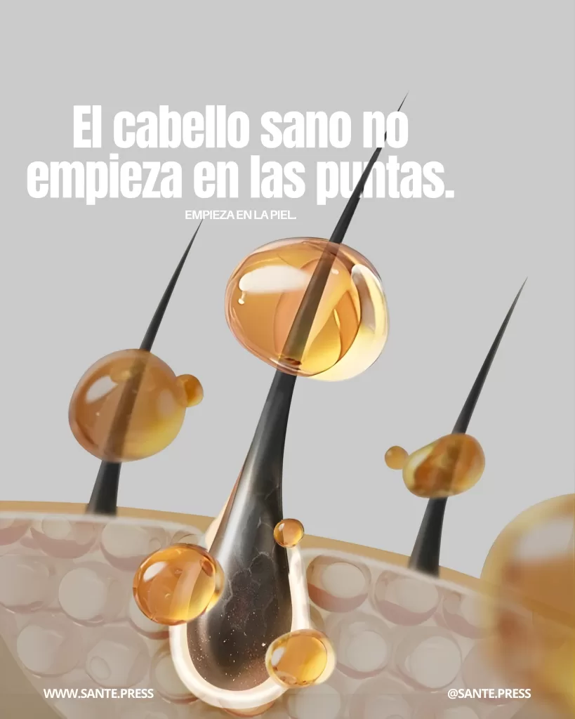 Ilustración 3D de folículos pilosos con gotas doradas de suero activo penetrando el cuero cabelludo, representación científica de tratamientos scalp-first, nutrición capilar y skinification capilar.