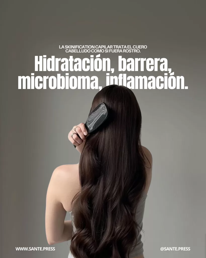 Mujer de espaldas cepillando cabello largo castaño oscuro, melena densa y saludable con ondas suaves, simbolizando rutina de cuidado capilar, fortalecimiento desde la raíz y brillo natural.