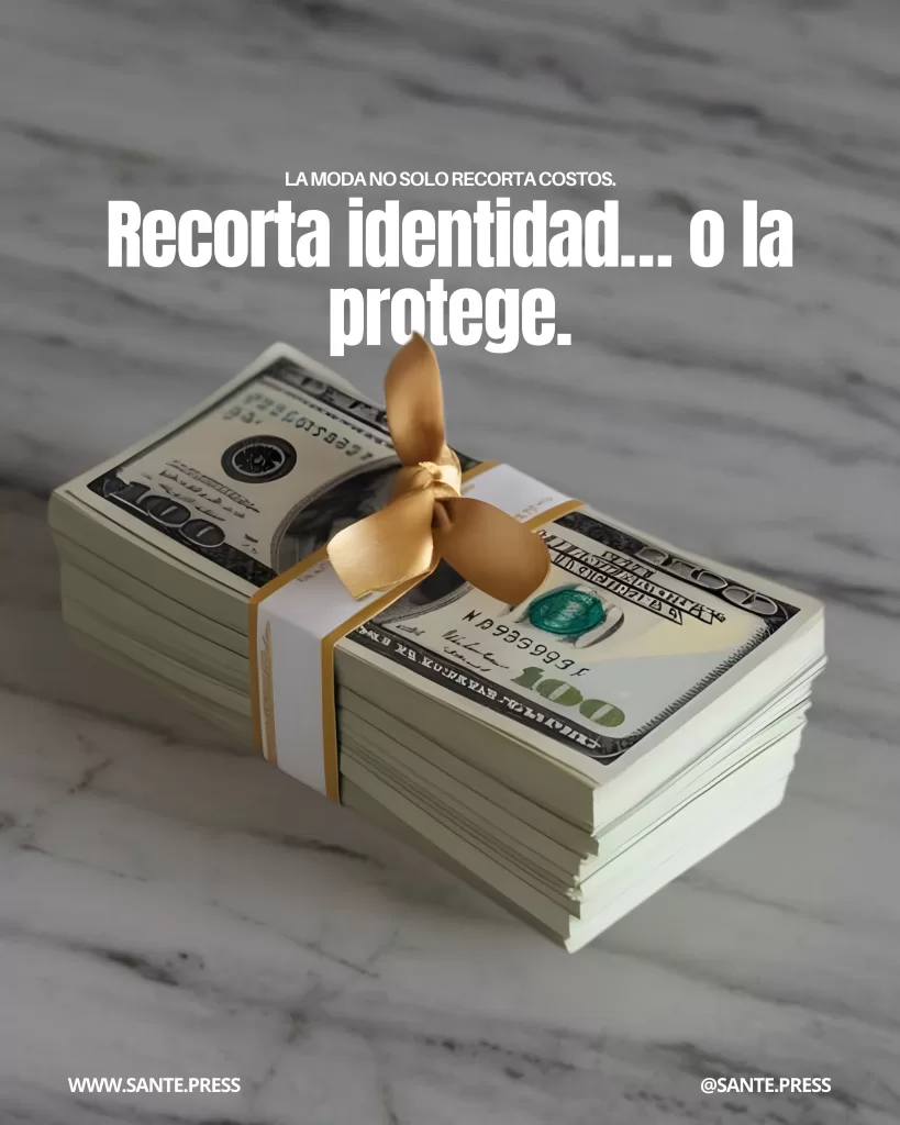Fajo de billetes de cien dólares atado con una cinta dorada sobre superficie de mármol, representación visual de ahorro, finanzas y reducción de costos en la industria de la moda.