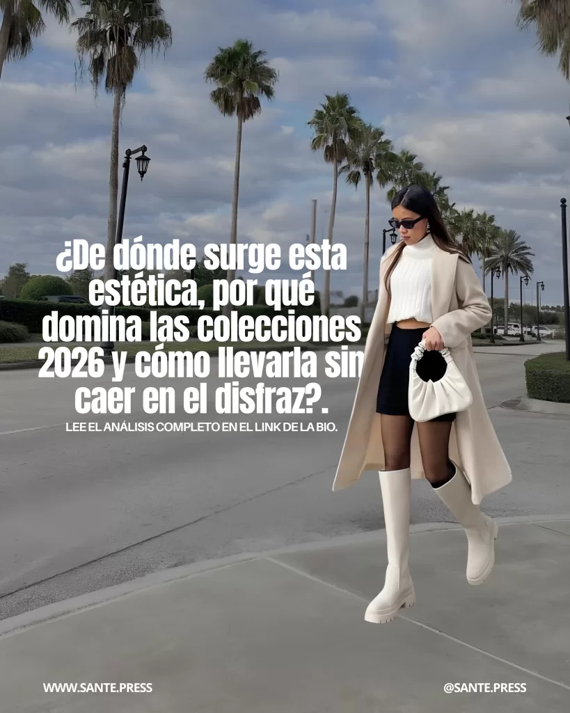 Mujer caminando por una calle con palmeras, usando abrigo beige, minifalda negra y botas blancas altas hasta la rodilla, sosteniendo un bolso blanco.