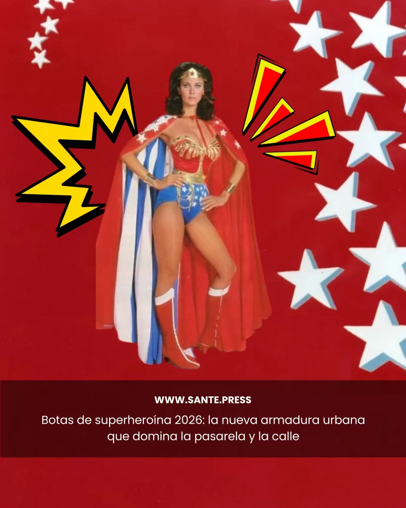 Ilustración estilo cómic de una superheroína clásica con capa roja y traje azul con estrellas sobre fondo rojo con estrellas blancas.
