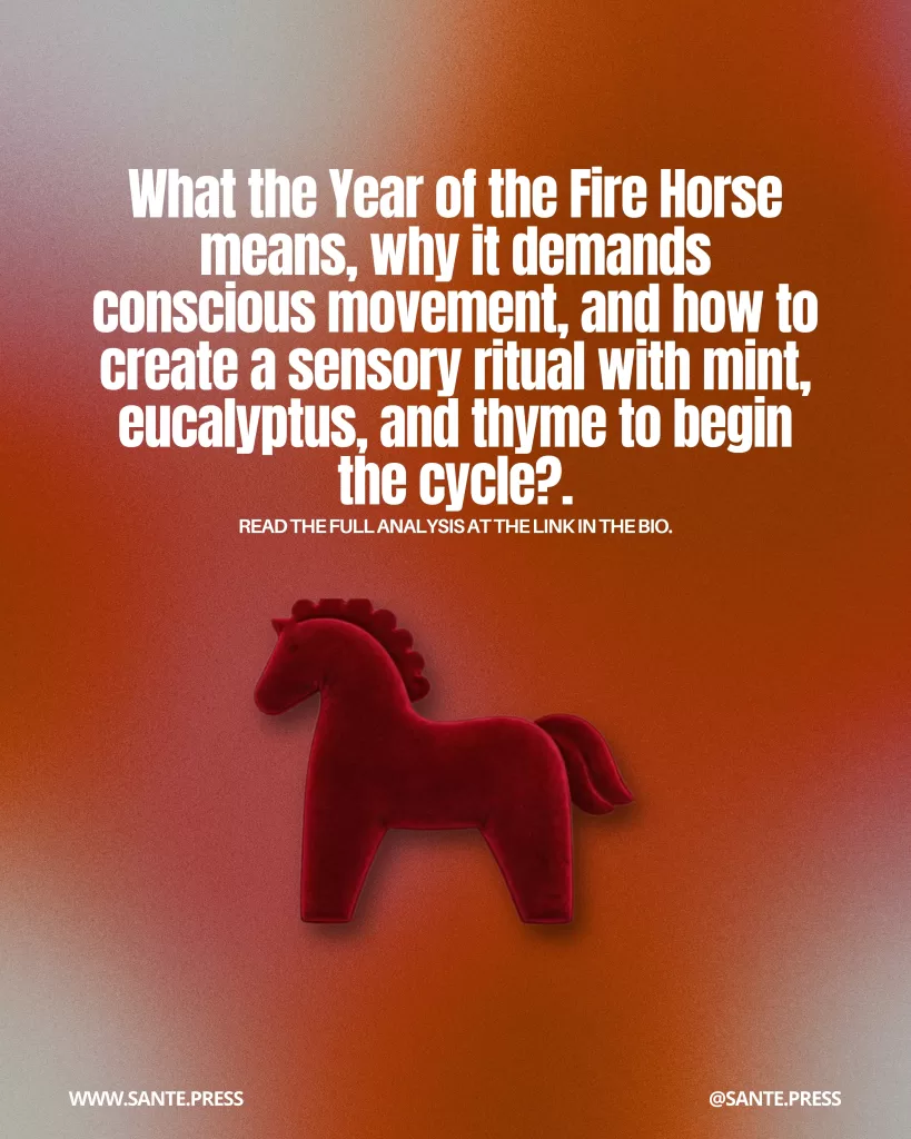 Red horse figure on an orange gradient background. Text: “What does the Year of the Fire Horse mean, why does it demand conscious movement, and how can you create a sensory ritual with mint, eucalyptus, and thyme to begin the cycle?”