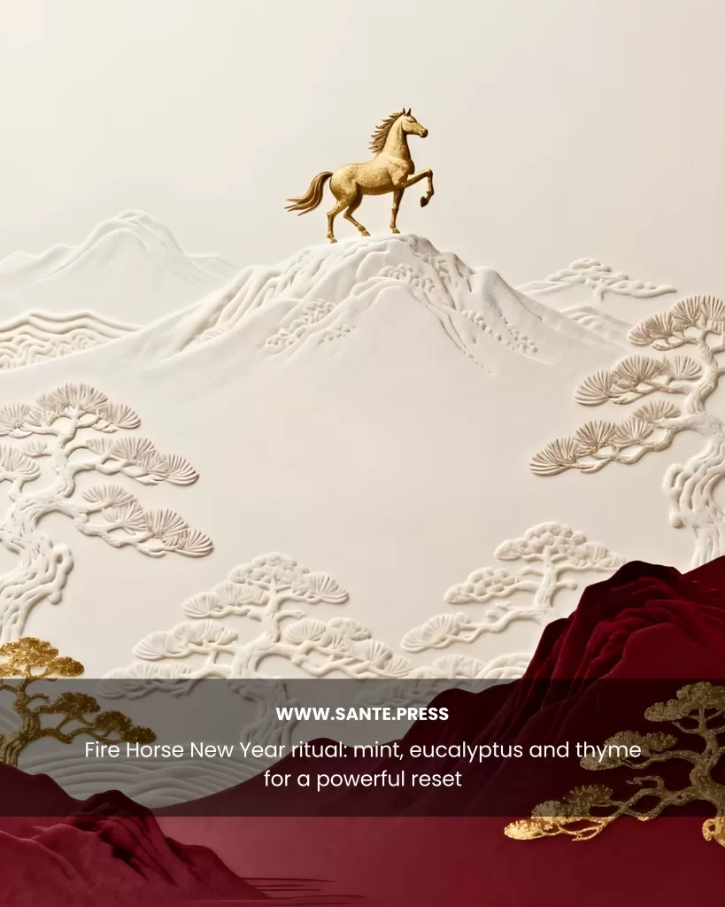 Golden horse sculpture on stylized white mountains with ornamental trees and decorative red fabrics. Text: “Fire Horse Ritual: Aromatic Guide for Chinese New Year 2026.”