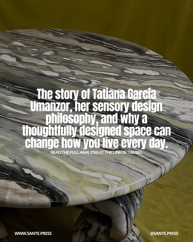 Detail of a stone table with organic veining in green, white, and black tones against a soft yellow background. Text: “The story of Tatiana García Umanzor and her sensory design philosophy.”
