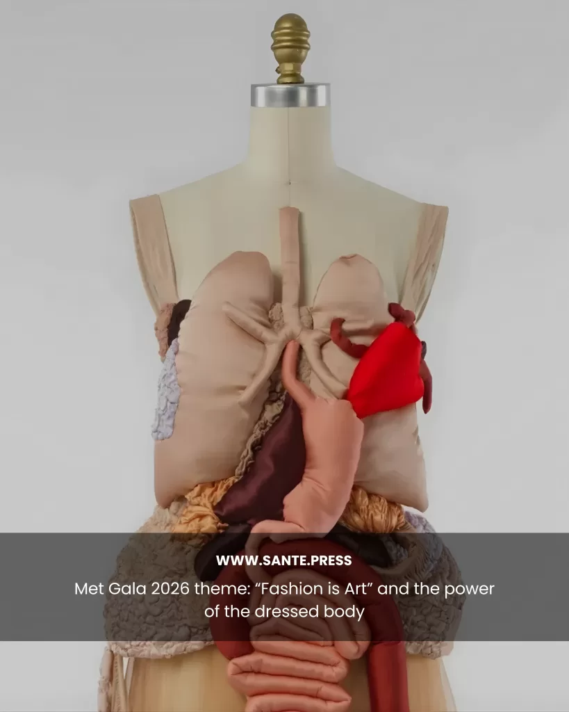 Dress form wearing a conceptual piece representing soft human organs — lungs, stomach, and intestines — crafted in fabric, alluding to the body as an artistic work. Text: “Met Gala 2026: ‘Fashion is Art’ and the dressed body as artwork.”