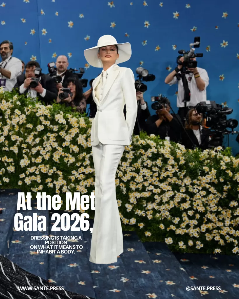 Celebrity in an immaculate white suit and wide-brim hat posing in front of photographers on the Met Gala red carpet, with a floral backdrop. Text: “At the Met Gala 2026, dressing is taking a position on what it means to inhabit a body.”
