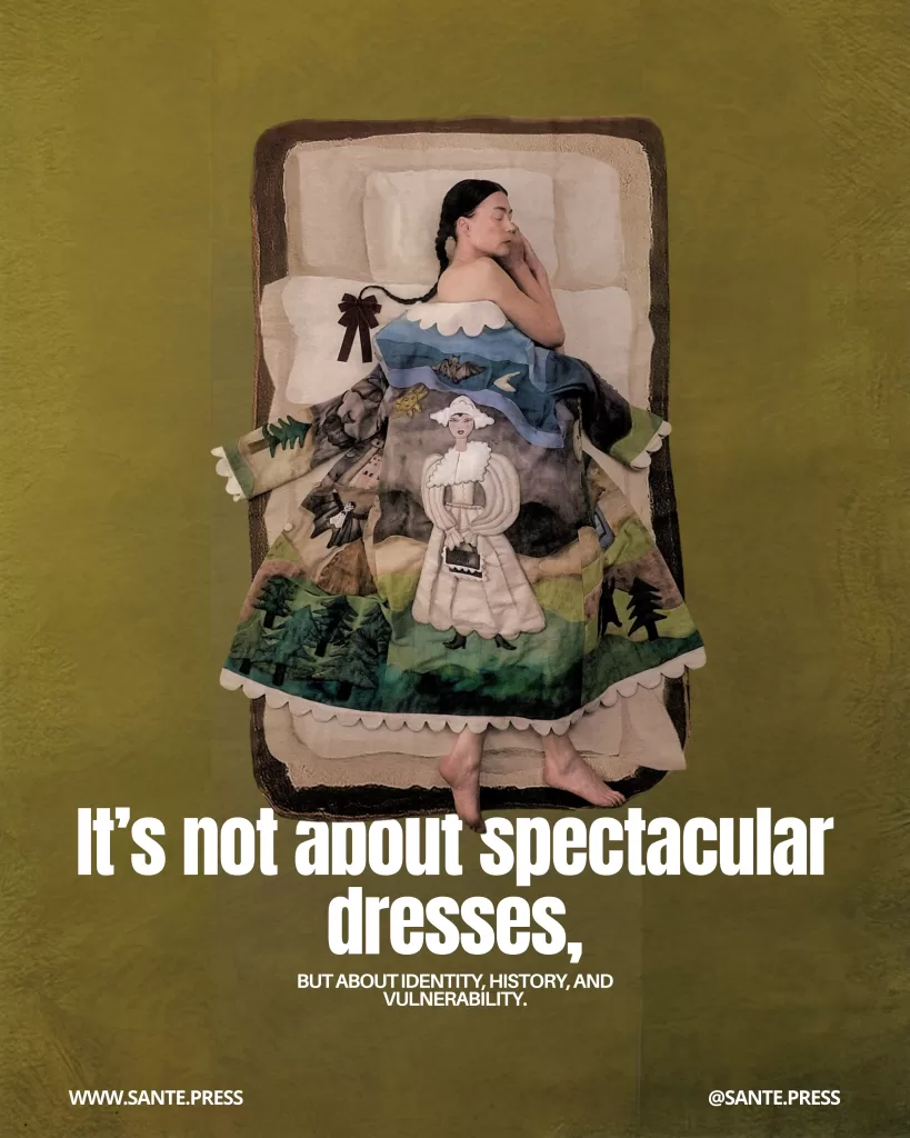 Woman lying on a bed covered by a blanket illustrated with narrative scenes and figures, merging textile art and bodily intimacy. Text: “It’s not about spectacular dresses, but about identity, history, and vulnerability.”