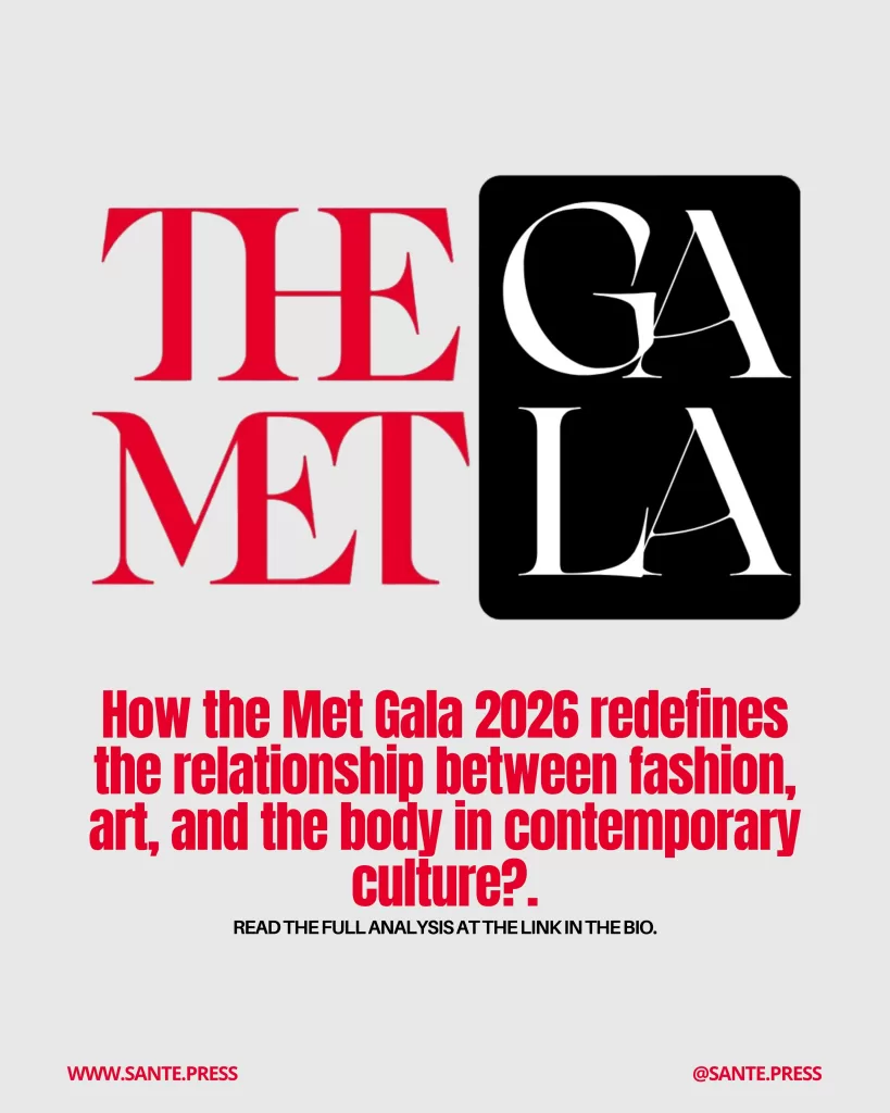 Typographic design featuring the words “THE MET GALA” in red and black on a light background. Text: “How does the Met Gala 2026 redefine the relationship between fashion, art, and the body in contemporary culture? Read the full analysis at the link in the bio.”