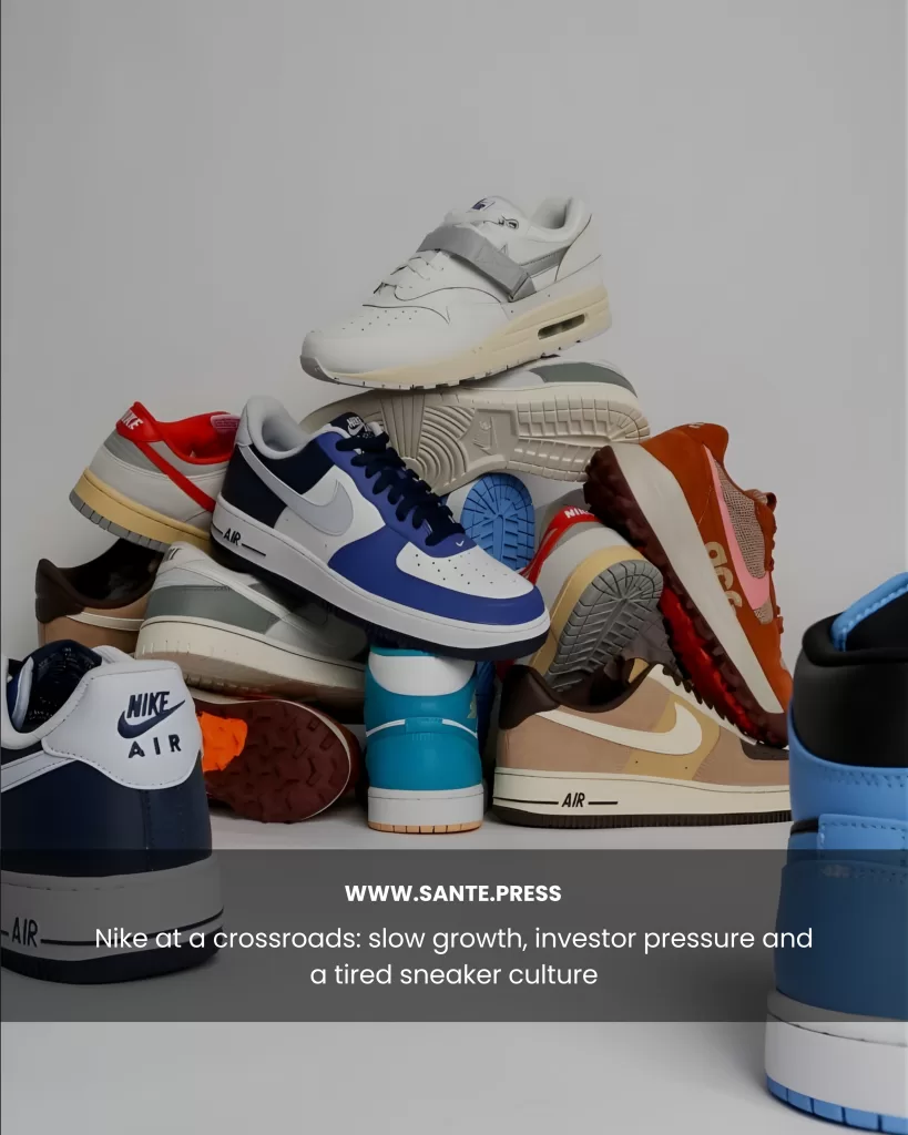 Pile of Nike sneakers in different models and colors stacked on a white background, illustrating variety. Text: “Nike at a crossroads: minimal growth, Wall Street pressure, and sneakerhead fatigue.”