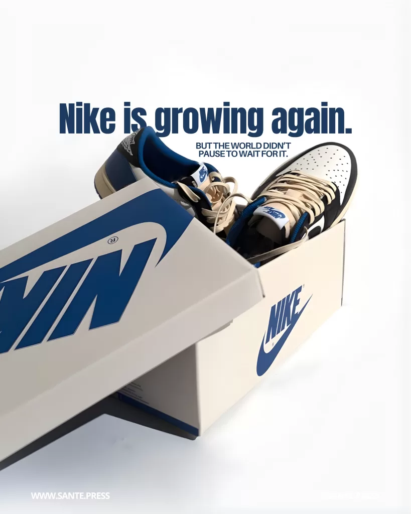 Open box with white and blue Nike sneakers, logo visible, on a minimalist background. Text: “Nike is growing again, but the world didn’t pause to wait for it.”