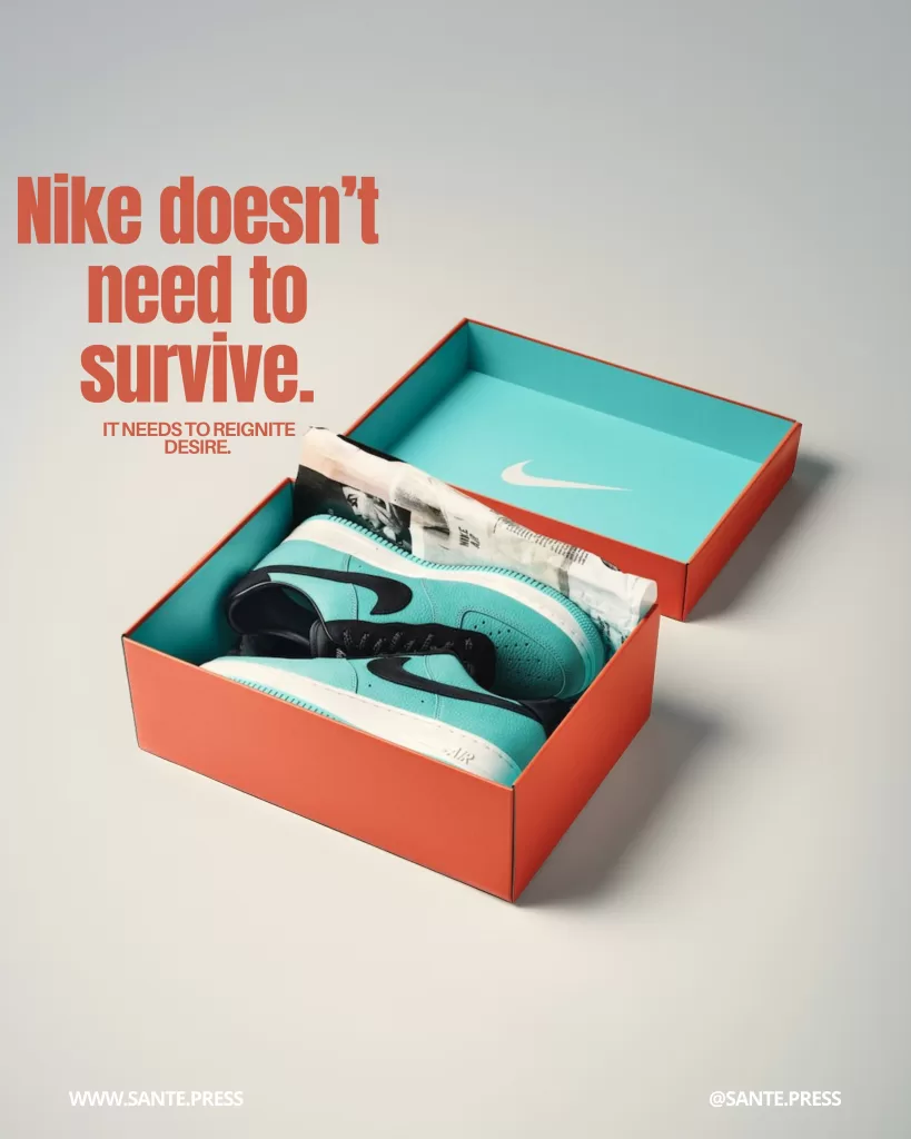 Turquoise Nike sneakers inside an open box with contrasting interior. Text: “Nike doesn’t need to survive. It needs to reignite desire.”