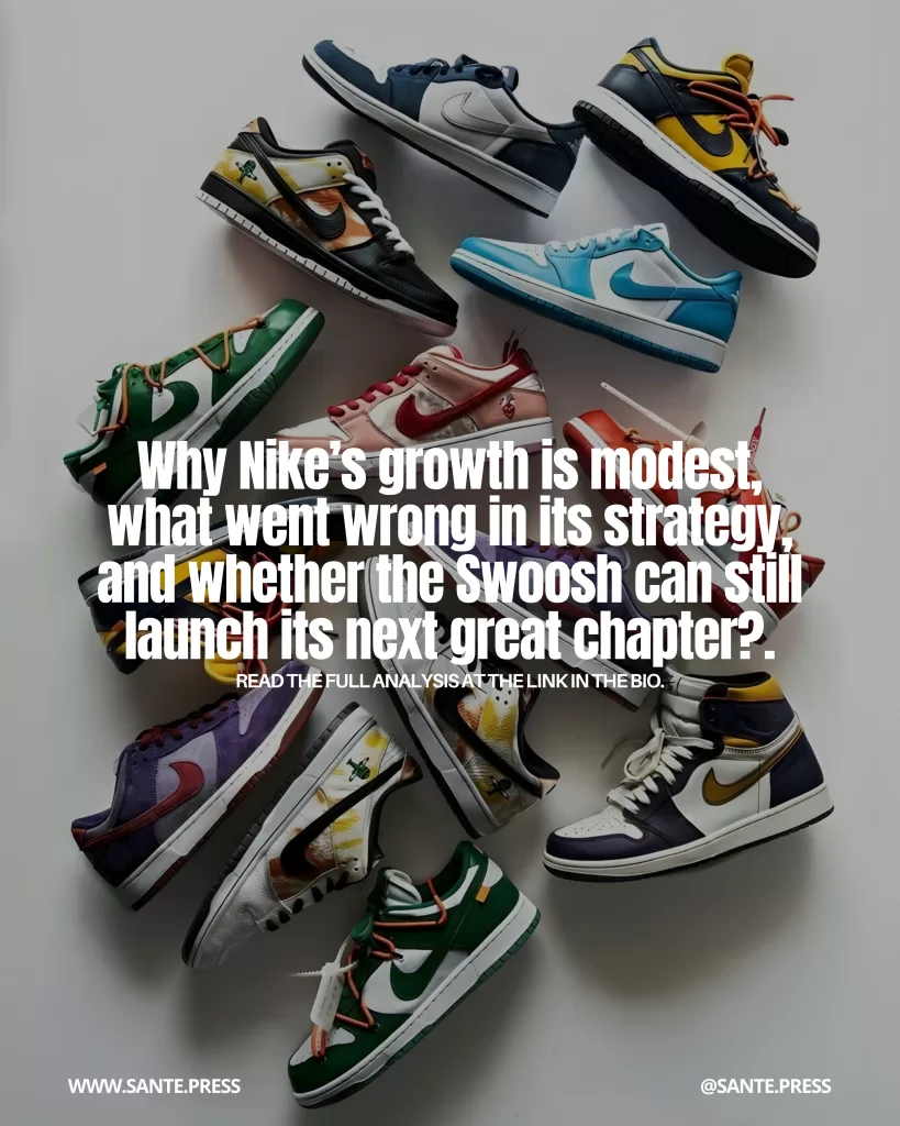 Collection of multicolored Nike sneakers arranged in a circle on a neutral background. Text: “Why is Nike’s growth modest, what went wrong in its strategy, and can the Swoosh still launch its next great chapter?”