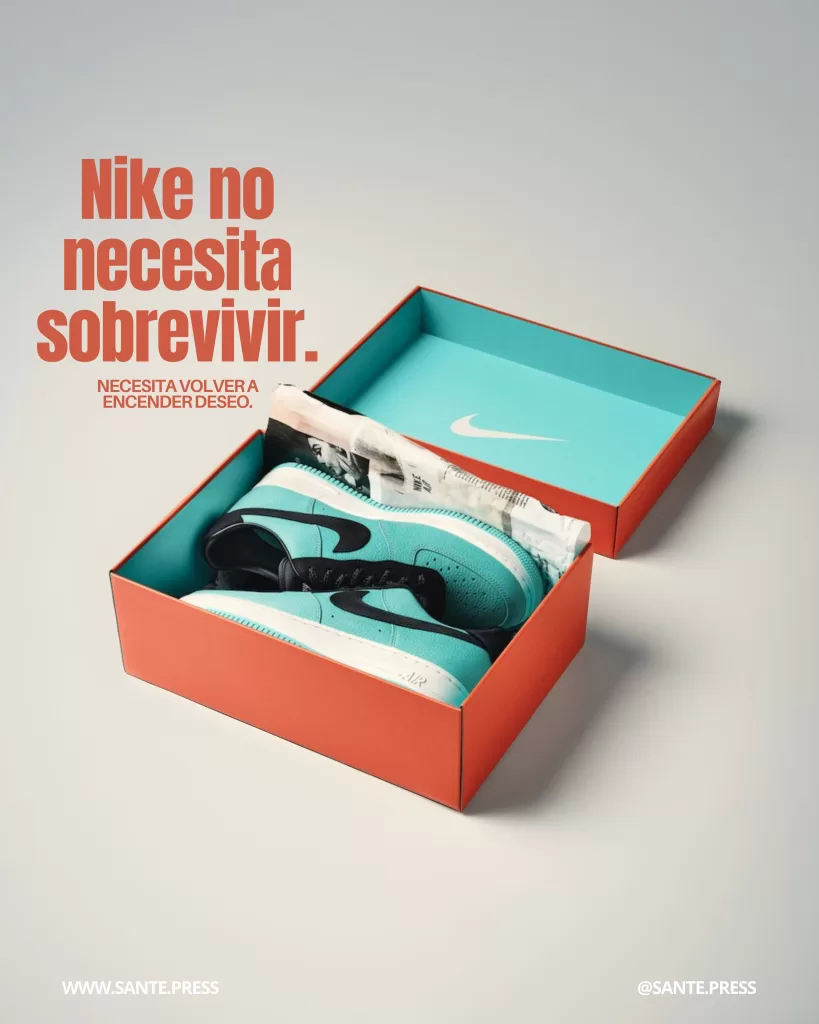 Zapatillas color turquesa dentro de una caja abierta con interior contrastante. Texto: “Nike no necesita sobrevivir. Necesita volver a encender deseo”.