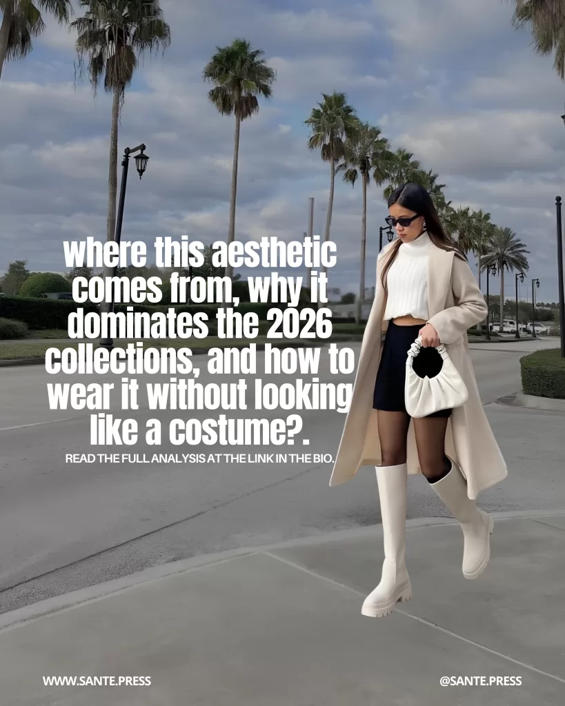 Woman walking down a palm-lined street wearing a beige coat, black mini skirt, and white knee-high boots, holding a white handbag.