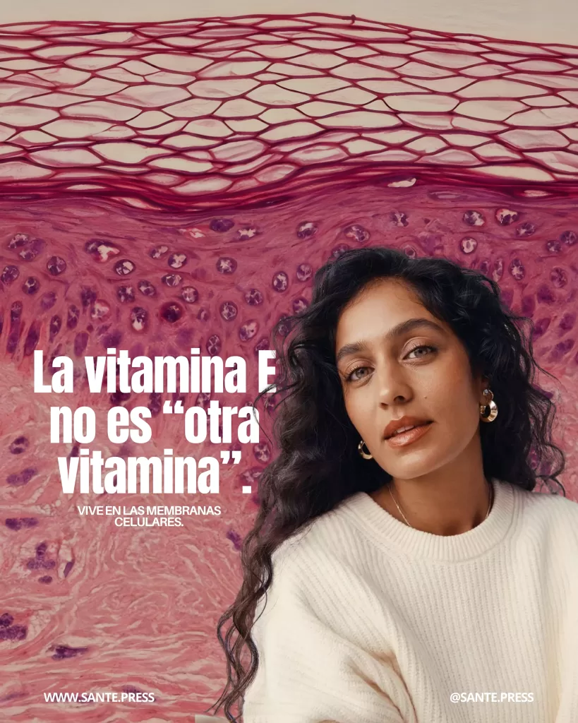 Retrato de mujer frente a una ilustración microscópica de piel