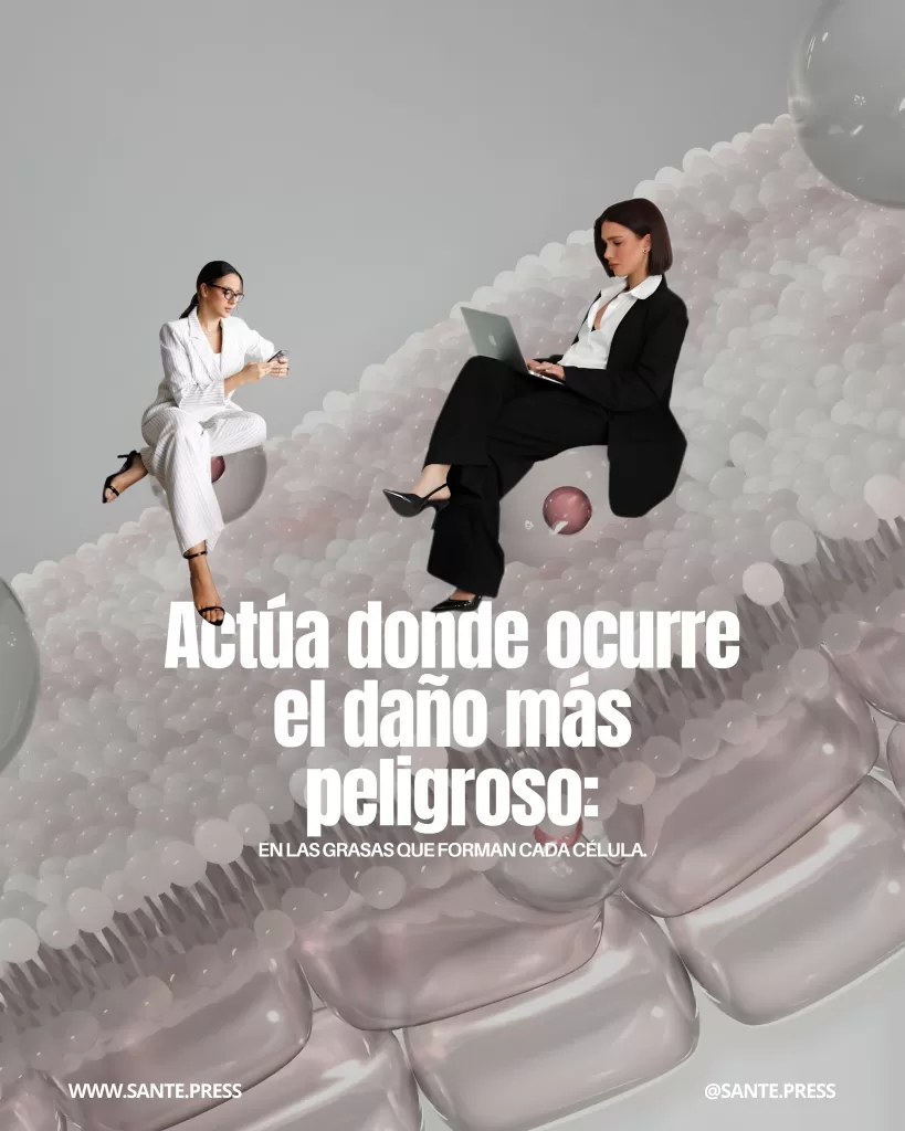 Ilustración conceptual de membranas celulares con dos mujeres ejecutivas usando dispositivos