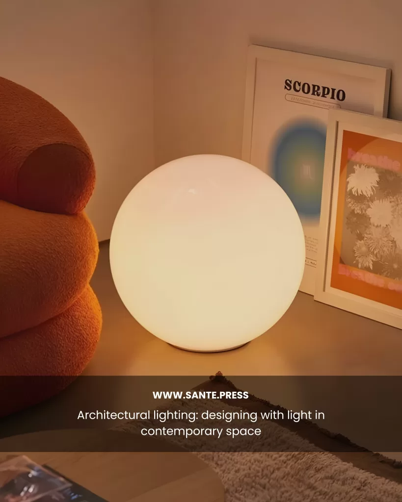 Lámpara esférica blanca iluminando una mesa junto a objetos decorativos y cuadros en una esquina cálida del hogar. Texto: “Architectural lighting: designing with light in contemporary space – www.sante.press”
