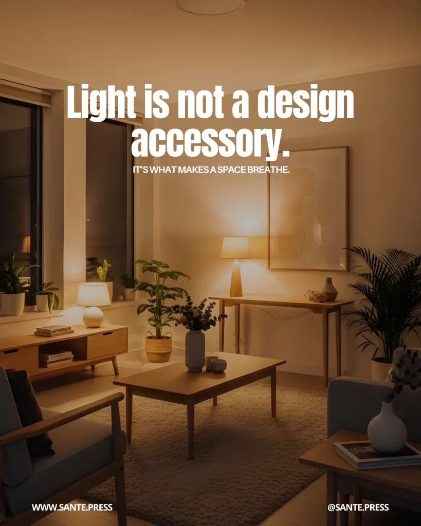 Sala de estar contemporánea iluminada con lámparas cálidas sobre muebles de madera, plantas y cuadros minimalistas. Texto: “Light is not a design accessory. It’s what makes a space breathe.”