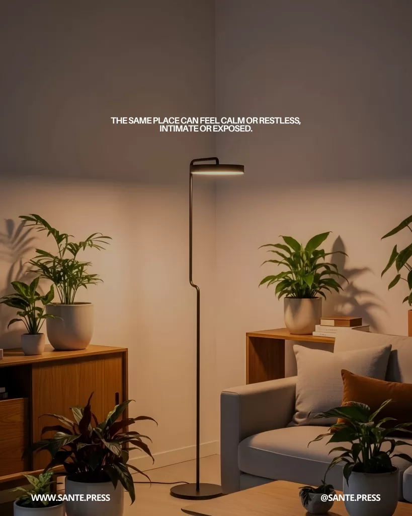 Lámpara de pie moderna iluminando un rincón con sillón, mesa lateral y plantas de interior. Texto: “The same place can feel calm or restless, intimate or exposed.”