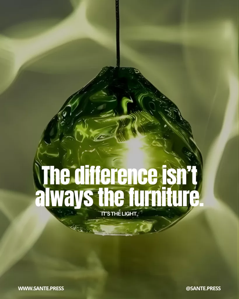 Lámpara colgante de vidrio verde proyectando patrones de luz sobre la pared. Texto: “The difference isn’t always the furniture. It’s the light.”